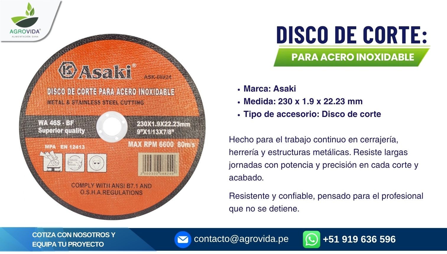 Disco de corte Asaki acero inoxidable
