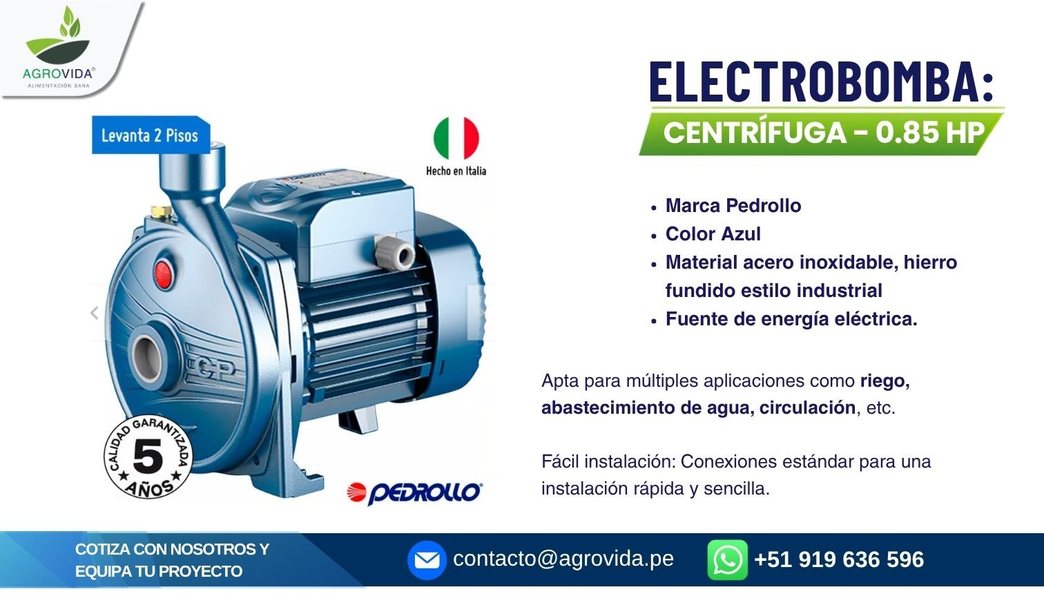 Electrobomba centrífuga Pedrollo 0.85 HP